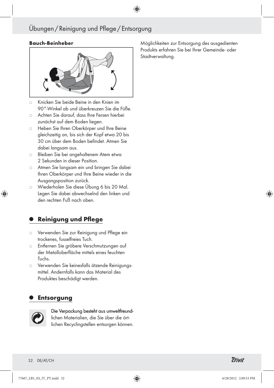 Übungen / reinigung und pflege / entsorgung, Reinigung und pﬂege, Entsorgung | Crivit Z30601 User Manual | Page 34 / 36