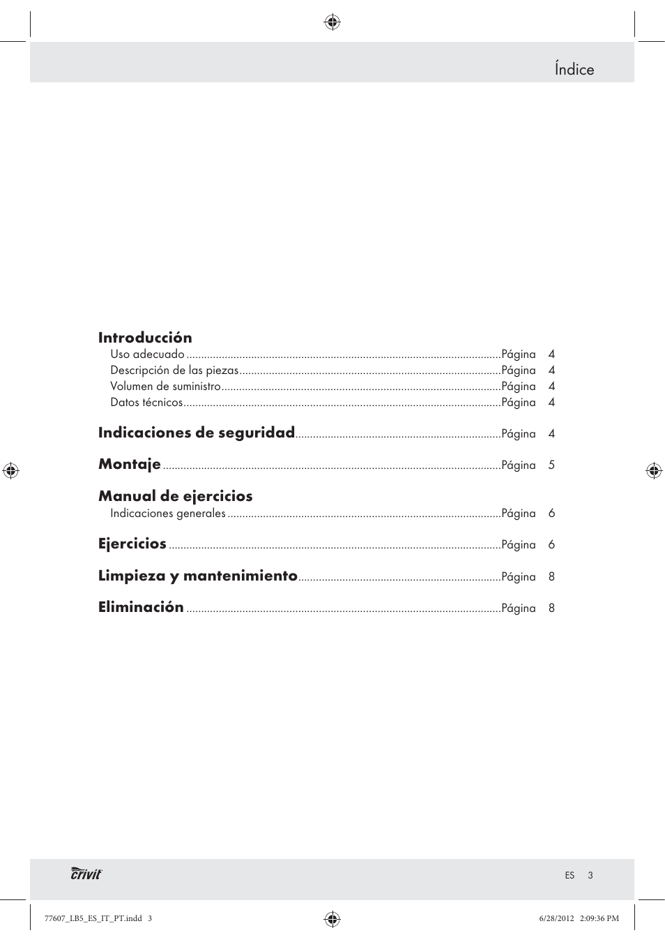 77607_lb5_es_it_pt, Índice, Introducción | Indicaciones de seguridad, Montaje, Manual de ejercicios, Ejercicios, Limpieza y mantenimiento, Eliminación | Crivit Z30601 User Manual | Page 5 / 36