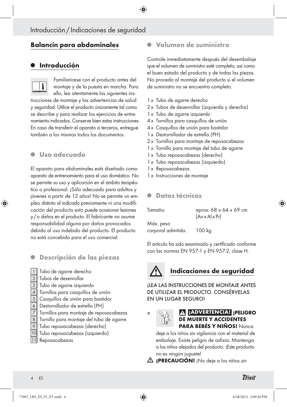 Introducción / indicaciones de seguridad, Balancín para abdominales, Introducción | Uso adecuado, Descripción de las piezas, Volumen de suministro, Datos técnicos, Indicaciones de seguridad | Crivit Z30601 User Manual | Page 6 / 36