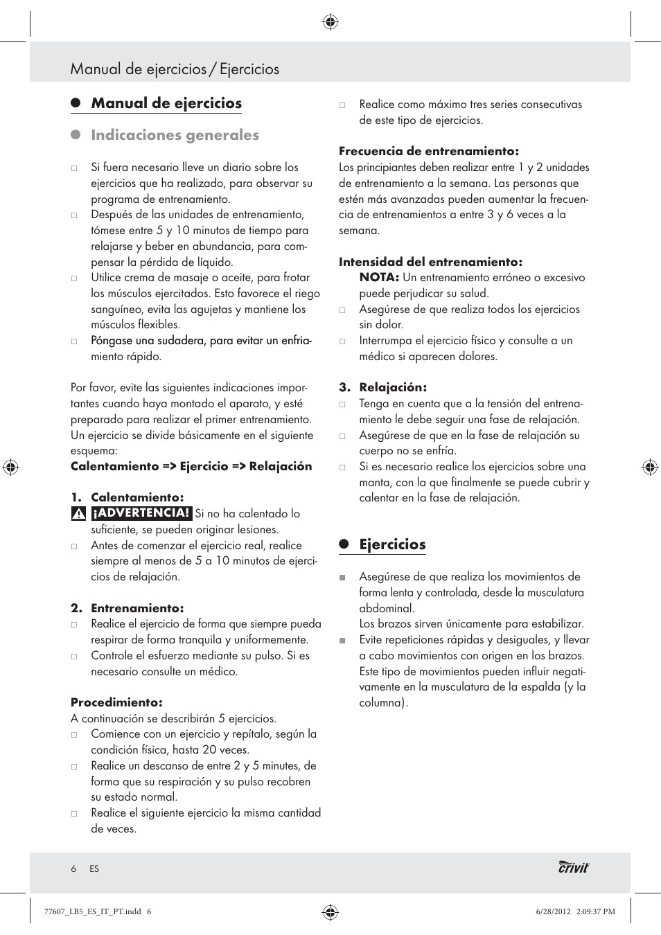 Manual de ejercicios / ejercicios, Manual de ejercicios, Indicaciones generales | Ejercicios | Crivit Z30601 User Manual | Page 8 / 36