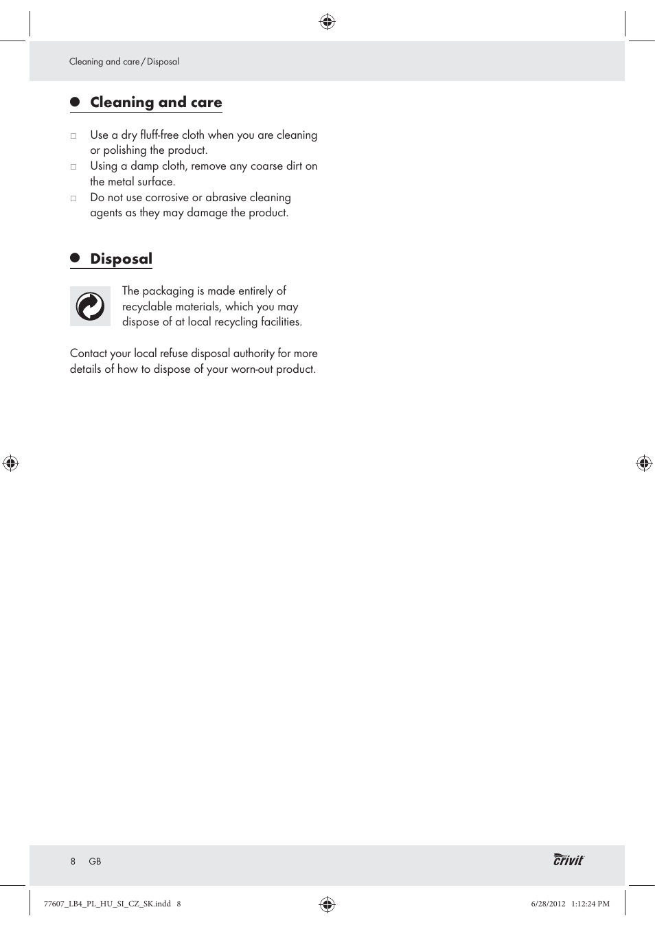 Cleaning and care, Disposal | Crivit Z30601 User Manual | Page 10 / 48