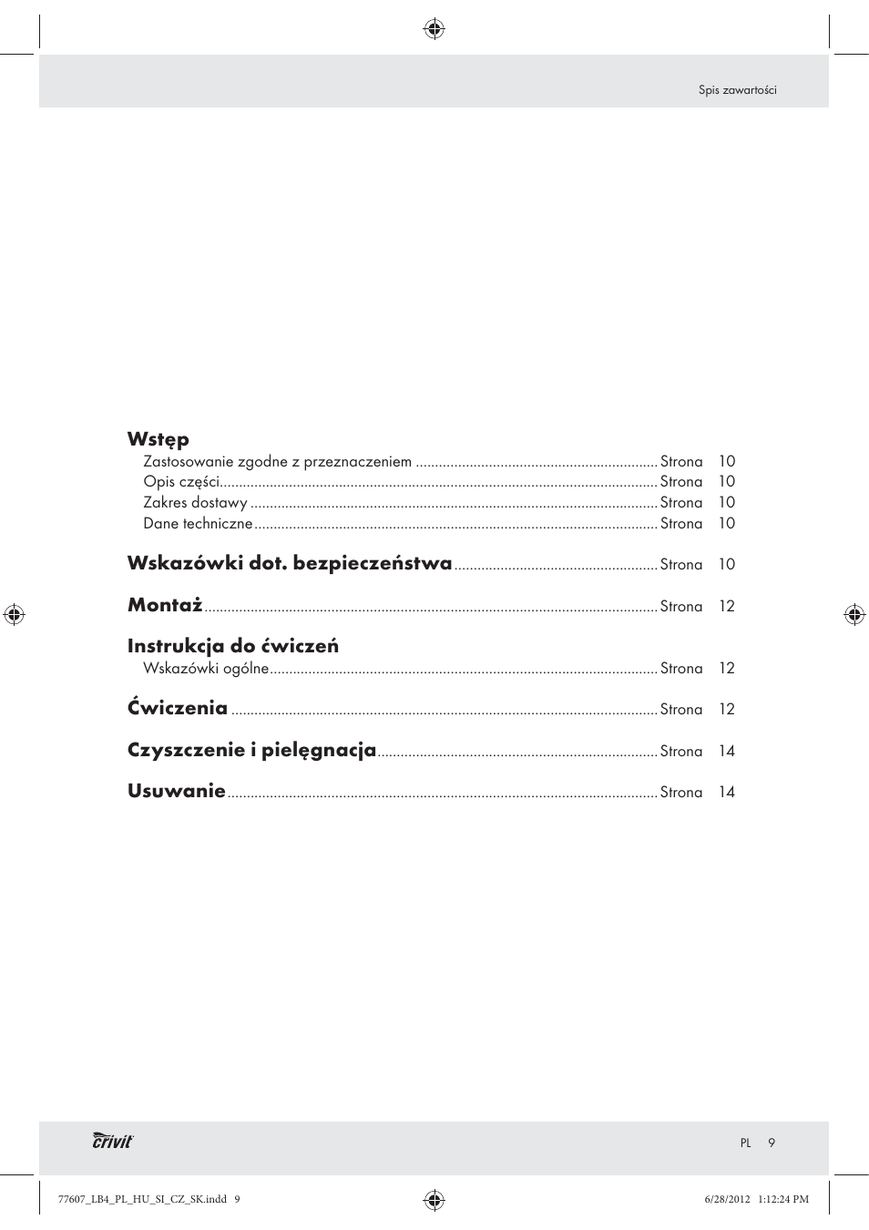 Wstęp, Wskazówki dot. bezpieczeństwa, Montaż | Instrukcja do ćwiczeń, Ćwiczenia, Czyszczenie i pielęgnacja, Usuwanie | Crivit Z30601 User Manual | Page 11 / 48