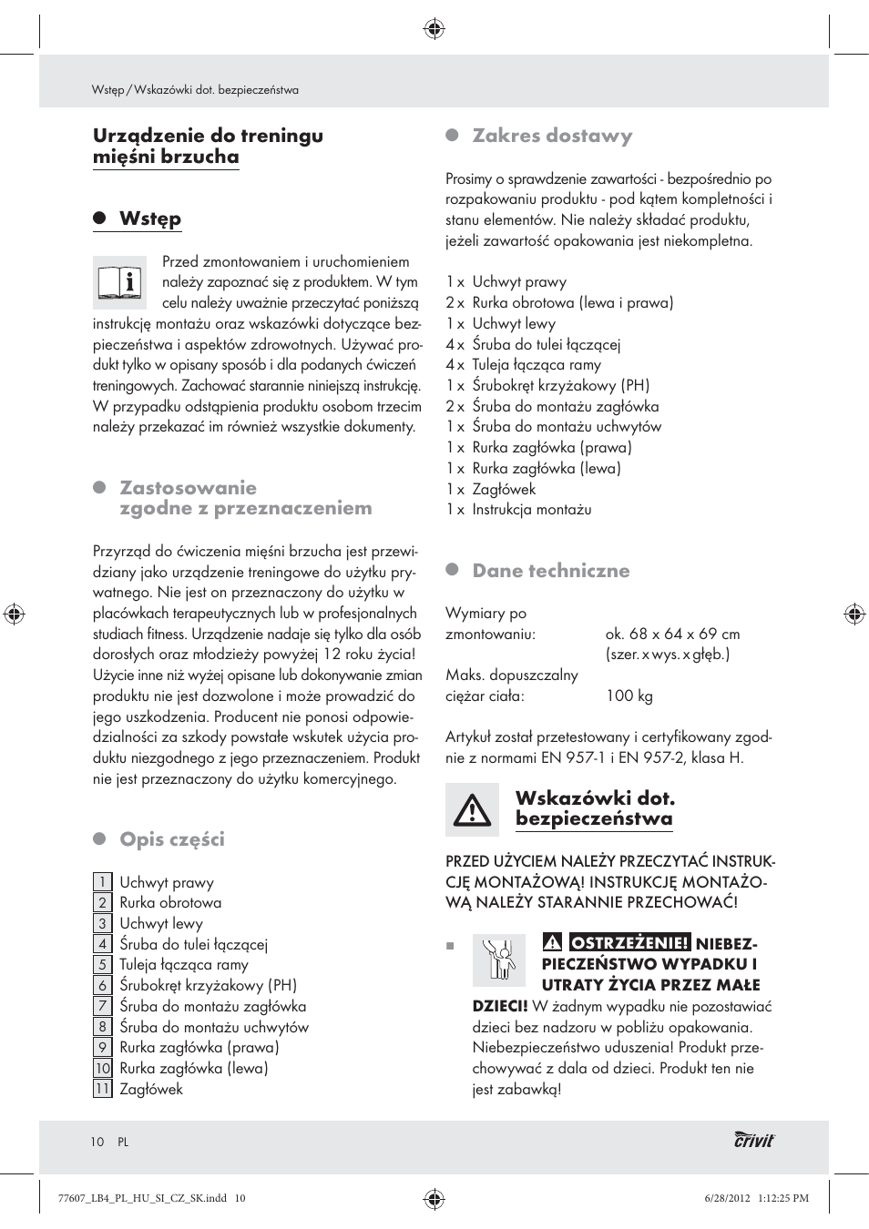 Urządzenie do treningu mięśni brzucha, Wstęp, Zastosowanie zgodne z przeznaczeniem | Opis części, Zakres dostawy, Dane techniczne, Wskazówki dot. bezpieczeństwa | Crivit Z30601 User Manual | Page 12 / 48