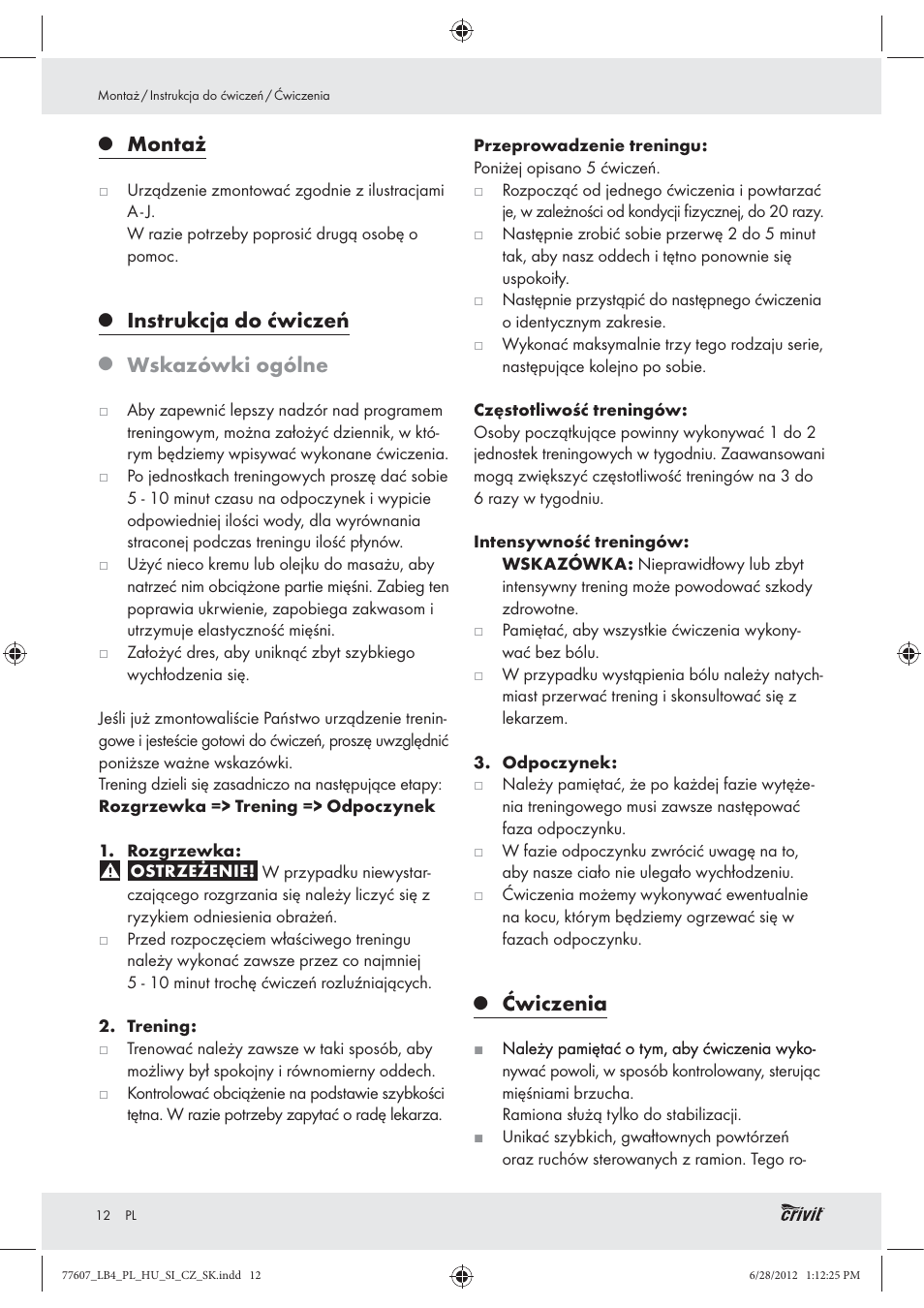 Montaż, Instrukcja do ćwiczeń, Wskazówki ogólne | Ćwiczenia | Crivit Z30601 User Manual | Page 14 / 48