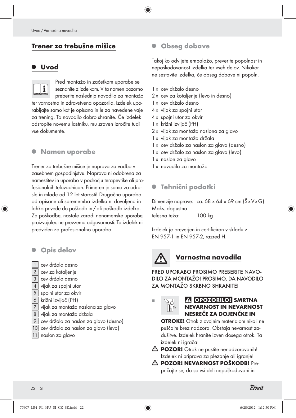 Trener za trebušne mišice, Uvod, Namen uporabe | Opis delov, Obseg dobave, Tehnični podatki, Varnostna navodila | Crivit Z30601 User Manual | Page 24 / 48