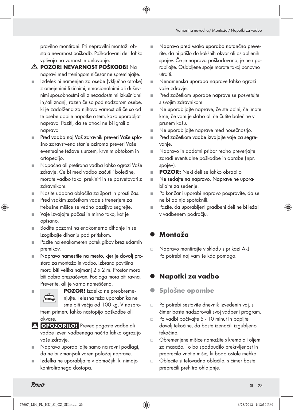 Montaža, Napotki za vadbo, Splošne opombe | Crivit Z30601 User Manual | Page 25 / 48