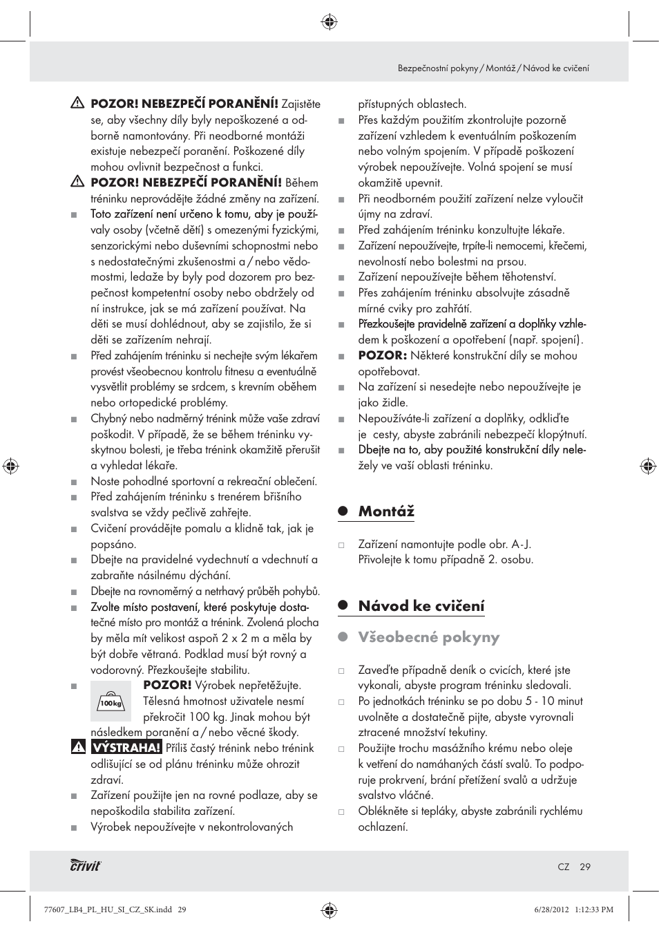 Montáž, Návod ke cvičení, Všeobecné pokyny | Crivit Z30601 User Manual | Page 31 / 48