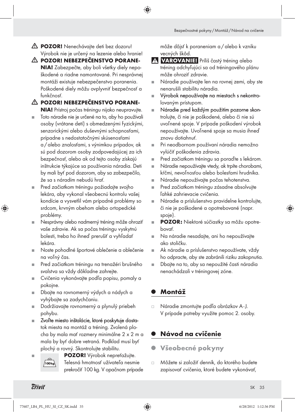 Montáž, Návod na cvičenie, Všeobecné pokyny | Crivit Z30601 User Manual | Page 37 / 48