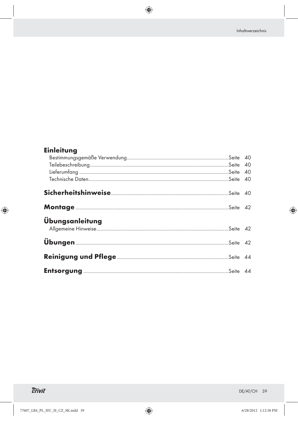 Einleitung, Sicherheitshinweise, Montage | Übungsanleitung, Übungen, Reinigung und pflege, Entsorgung | Crivit Z30601 User Manual | Page 41 / 48