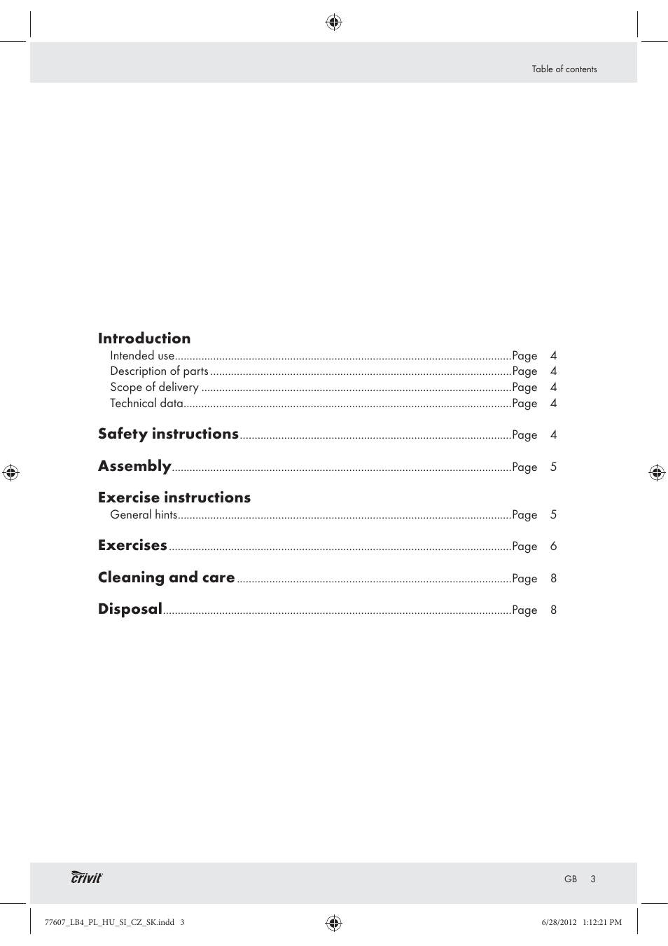 77607_lb4_pl_hu_si_cz_sk, Introduction, Safety instructions | Assembly, Exercise instructions, Exercises, Cleaning and care, Disposal | Crivit Z30601 User Manual | Page 5 / 48