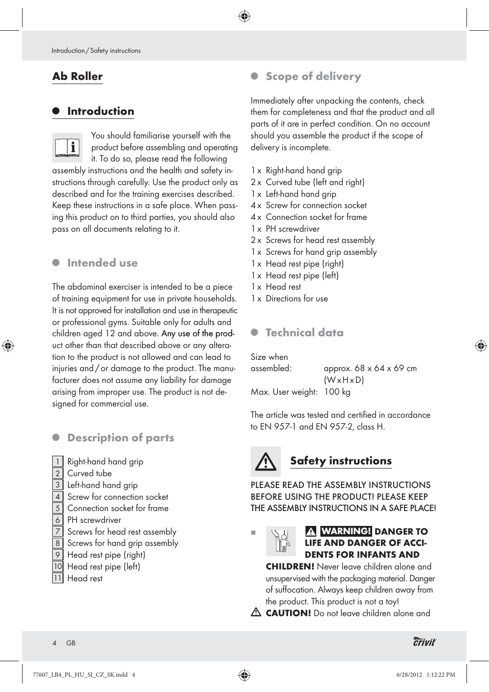 Ab roller, Introduction, Intended use | Description of parts, Scope of delivery, Technical data, Safety instructions | Crivit Z30601 User Manual | Page 6 / 48