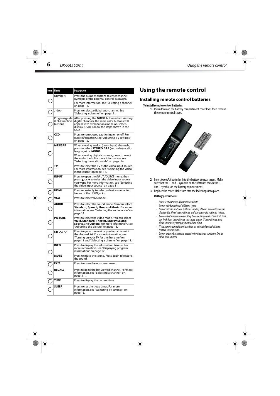 Using the remote control, Installing remote control batteries | Dynex DX-55L150A11 User Manual | Page 10 / 25