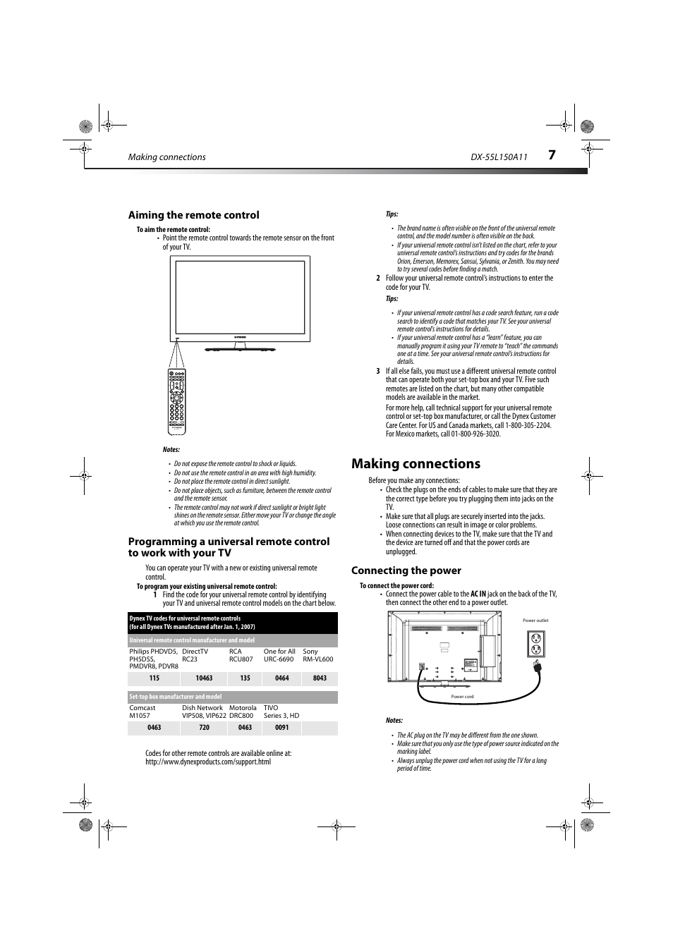 Aiming the remote control, Making connections, Connecting the power | Ge 7 | Dynex DX-55L150A11 User Manual | Page 11 / 25