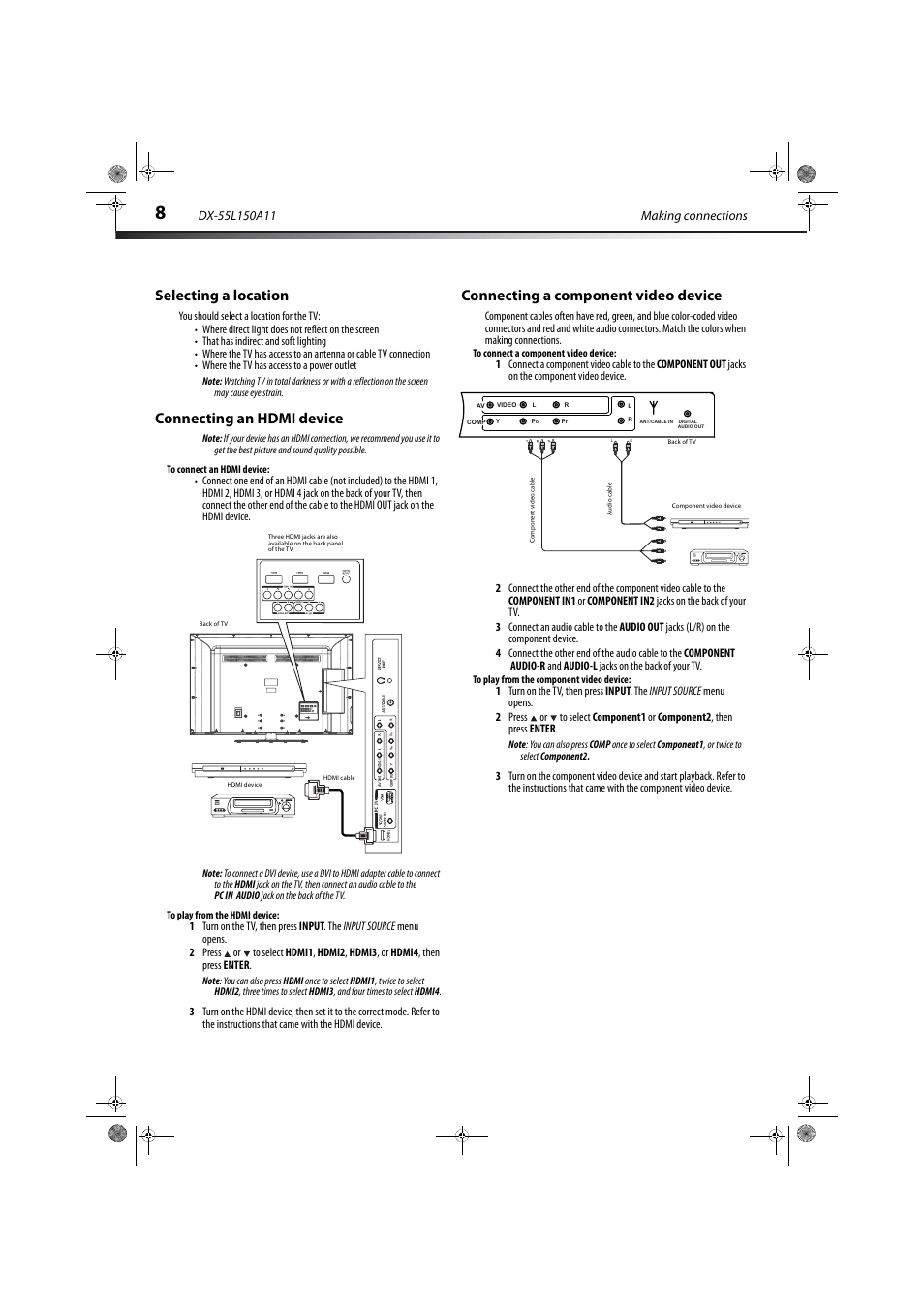 Selecting a location, Connecting an hdmi device, Connecting a component video device | Ation, see “connecting a component video device, Ther, E “connecting an hdmi device, Ge 8 | Dynex DX-55L150A11 User Manual | Page 12 / 25