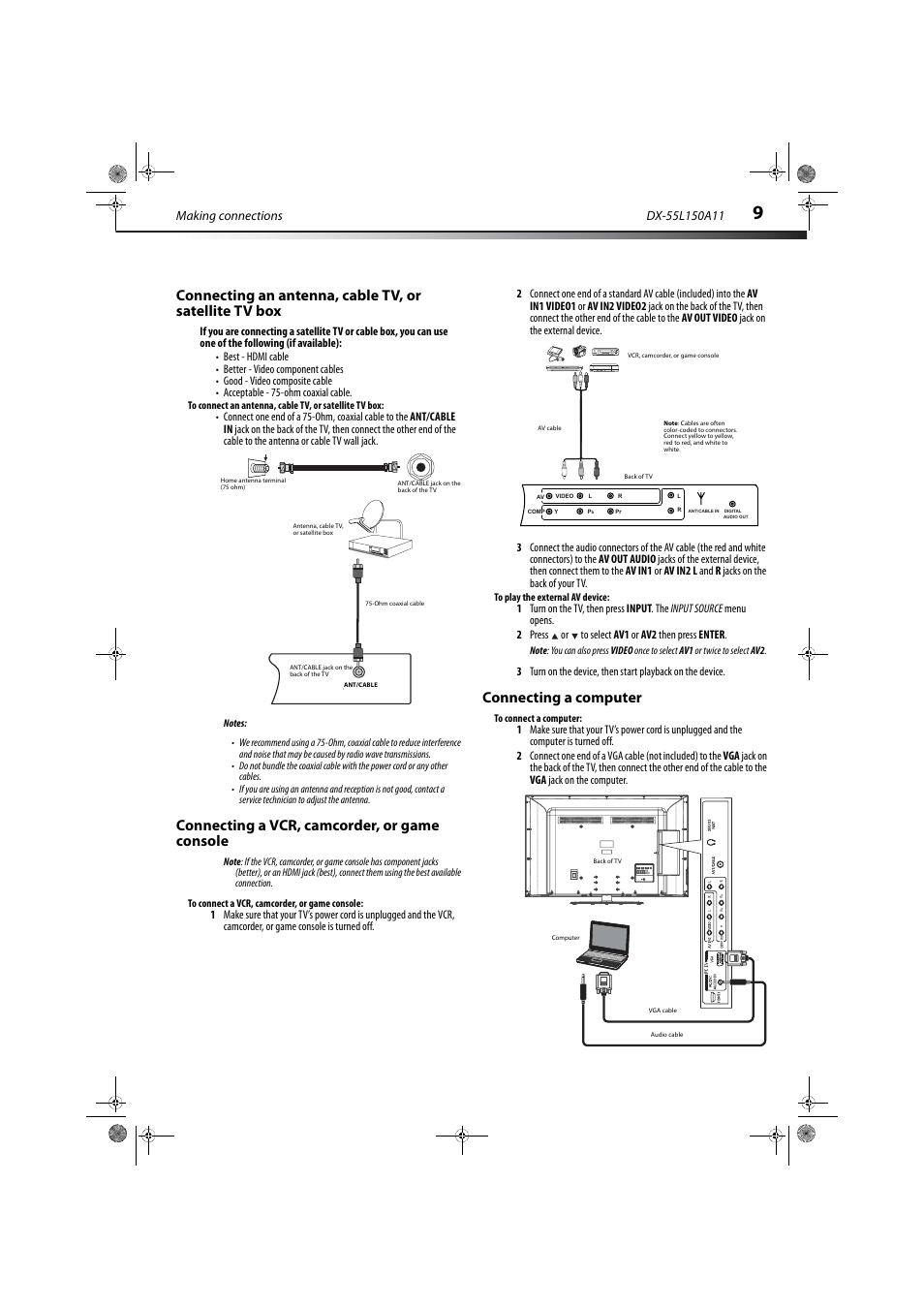 Connecting a vcr, camcorder, or game console, Connecting a computer, E “connecting a computer | Dynex DX-55L150A11 User Manual | Page 13 / 25