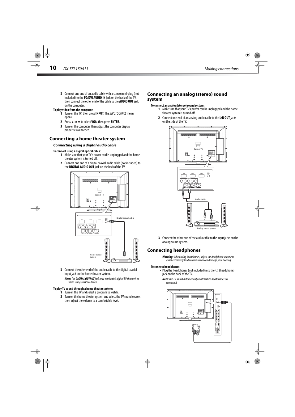 Connecting a home theater system, Connecting using a digital audio cable, Connecting an analog (stereo) sound system | Connecting headphones, E “connecting headphones” on | Dynex DX-55L150A11 User Manual | Page 14 / 25