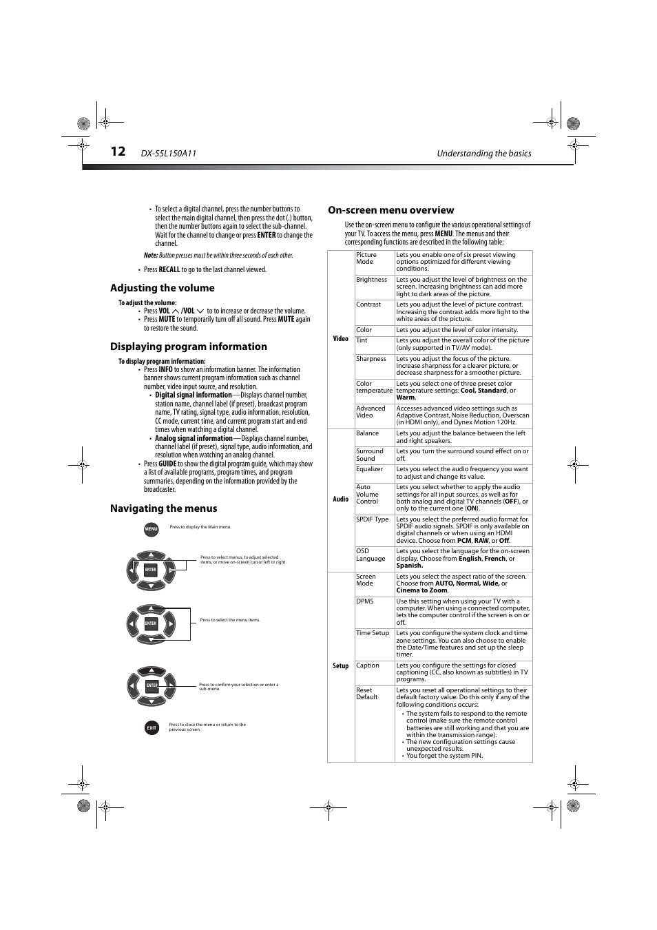 Adjusting the volume, Displaying program information, Navigating the menus | On-screen menu overview, Displaying program information” on, Navigating the menus on-screen menu overview | Dynex DX-55L150A11 User Manual | Page 16 / 25