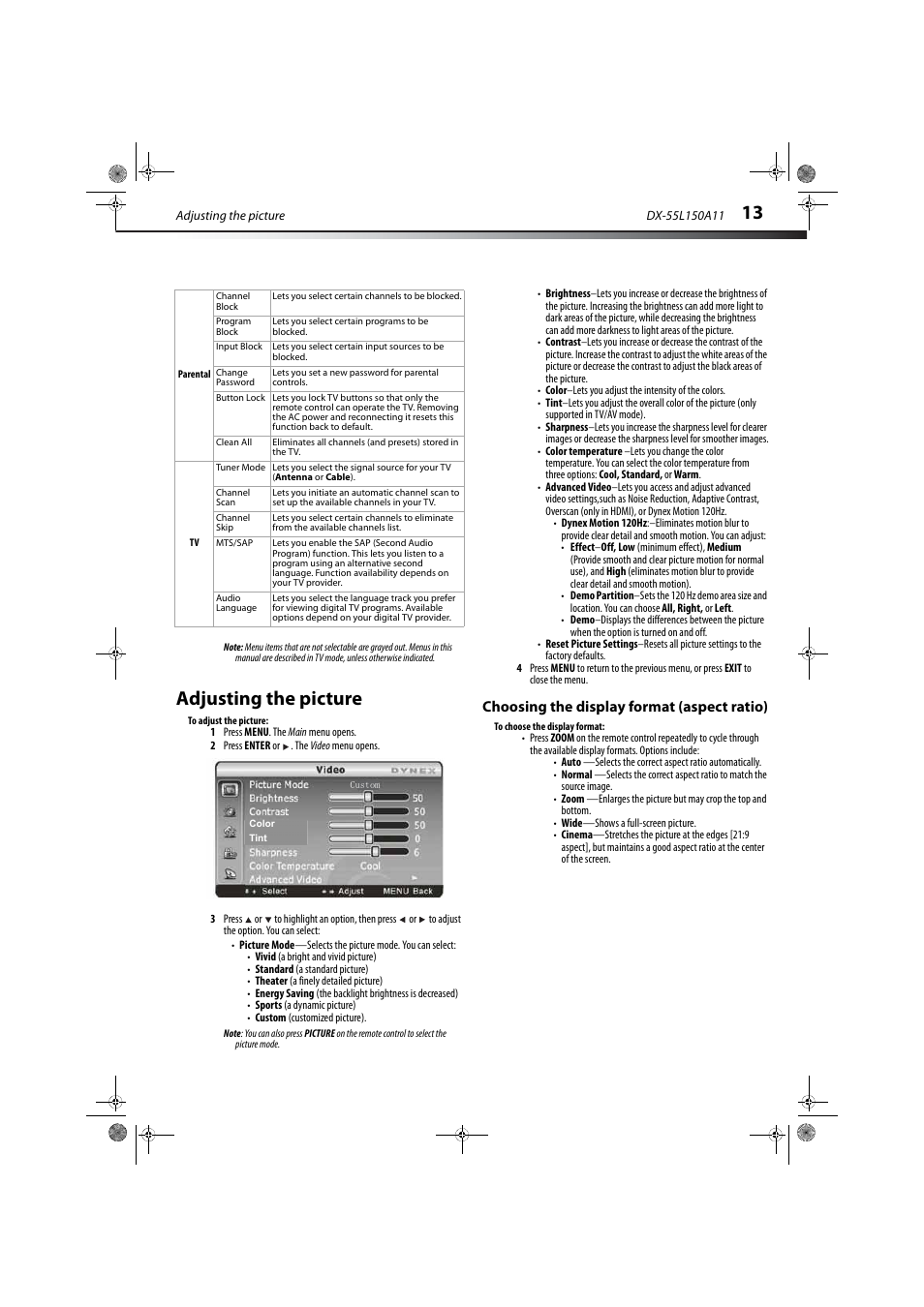 Adjusting the picture, Choosing the display format (aspect ratio), Adjusting the picture” on pag | Dynex DX-55L150A11 User Manual | Page 17 / 25