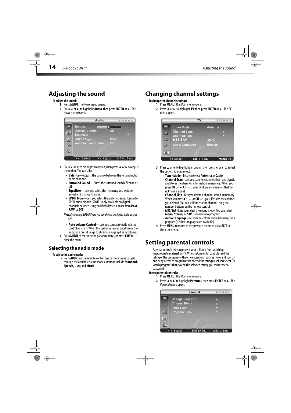 Adjusting the sound, Selecting the audio mode, Changing channel settings | Setting parental controls | Dynex DX-55L150A11 User Manual | Page 18 / 25