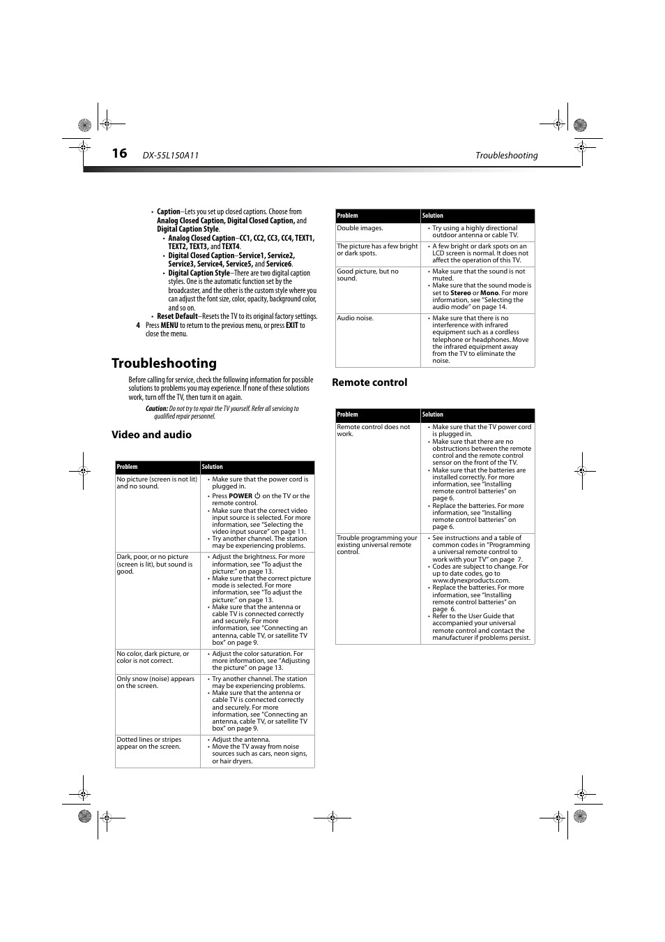 Troubleshooting, Video and audio, Remote control | Video and audio remote control | Dynex DX-55L150A11 User Manual | Page 20 / 25