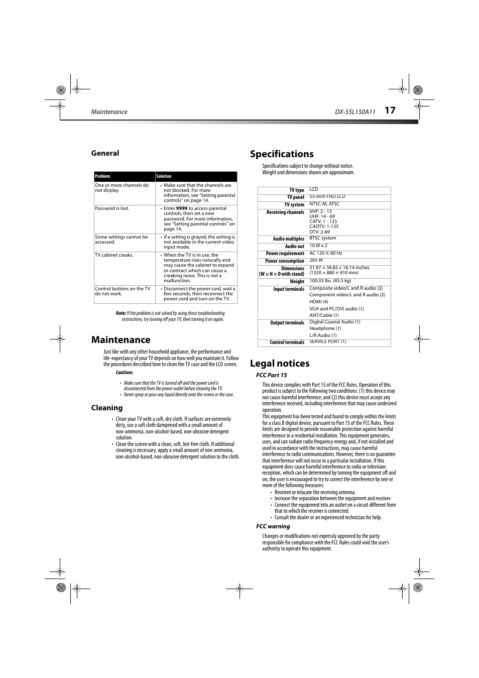 General, Maintenance, Cleaning | Specifications, Legal notices, Fcc part 15, Fcc warning | Dynex DX-55L150A11 User Manual | Page 21 / 25