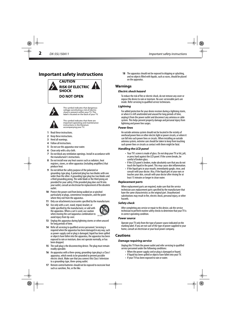 Important safety instructions, Caution, Risk of electric shock | Do not open, Warnings, Electric shock hazard, Lightning, Power lines, Handling the lcd panel, Replacement parts | Dynex DX-55L150A11 User Manual | Page 6 / 25