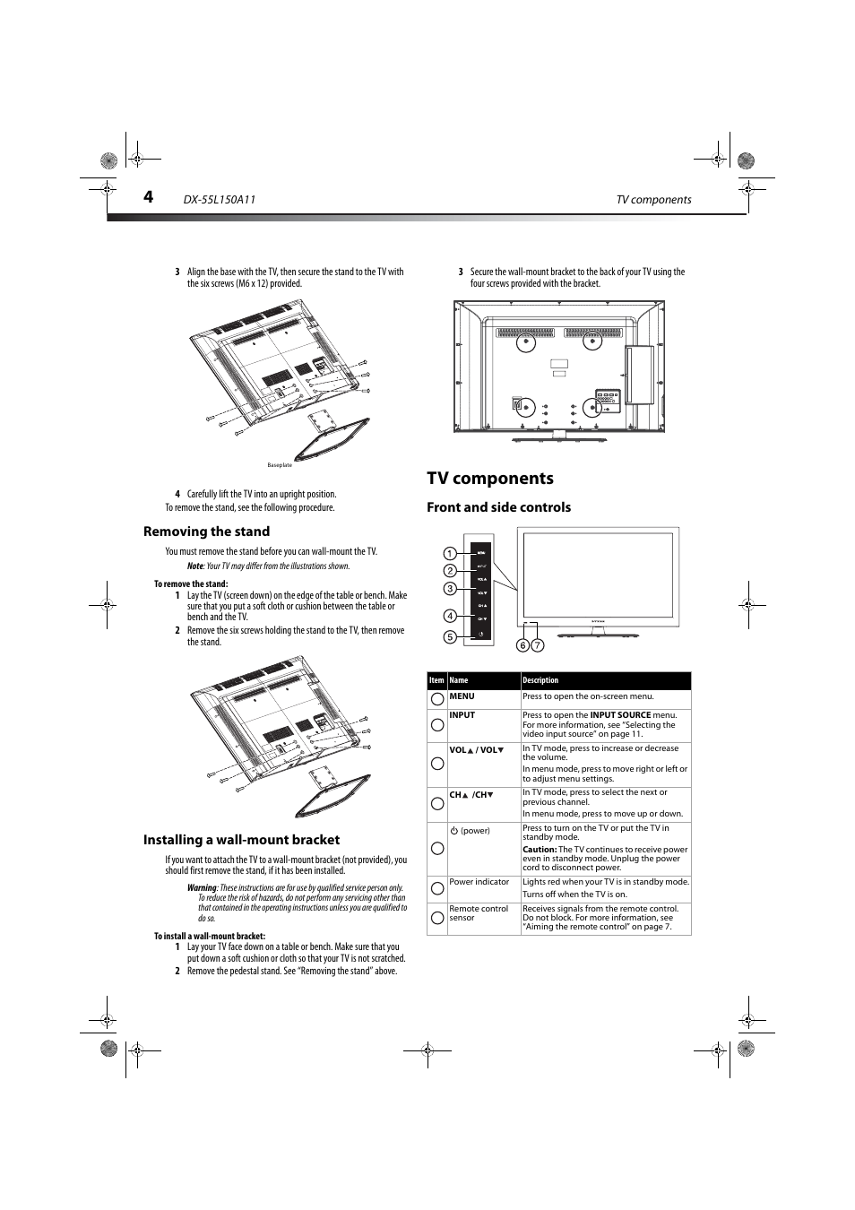 Removing the stand, Installing a wall-mount bracket, Tv components | Front and side controls, Removing the stand installing a wall-mount bracket | Dynex DX-55L150A11 User Manual | Page 8 / 25