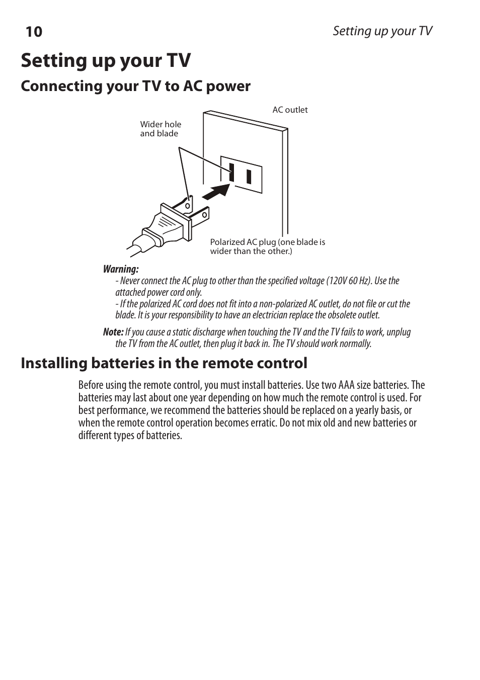 Setting up your tv, Connecting your tv to ac power, Installing batteries in the remote control | Dynex DX-RCRT20-09 User Manual | Page 10 / 44