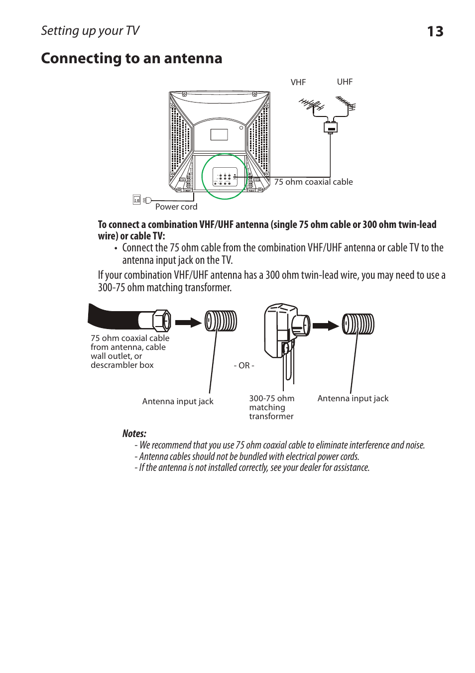 13 connecting to an antenna, Setting up your tv | Dynex DX-RCRT20-09 User Manual | Page 13 / 44