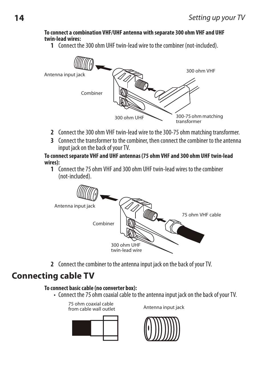 Connecting cable tv, Setting up your tv | Dynex DX-RCRT20-09 User Manual | Page 14 / 44