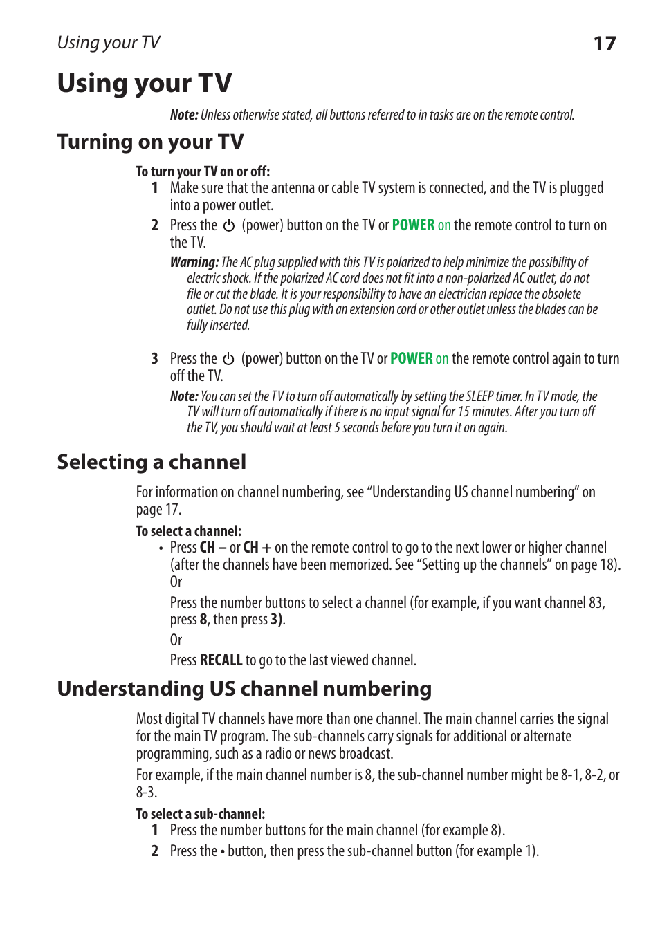 Using your tv, Turning on your tv, Selecting a channel | Understanding us channel numbering | Dynex DX-RCRT20-09 User Manual | Page 17 / 44