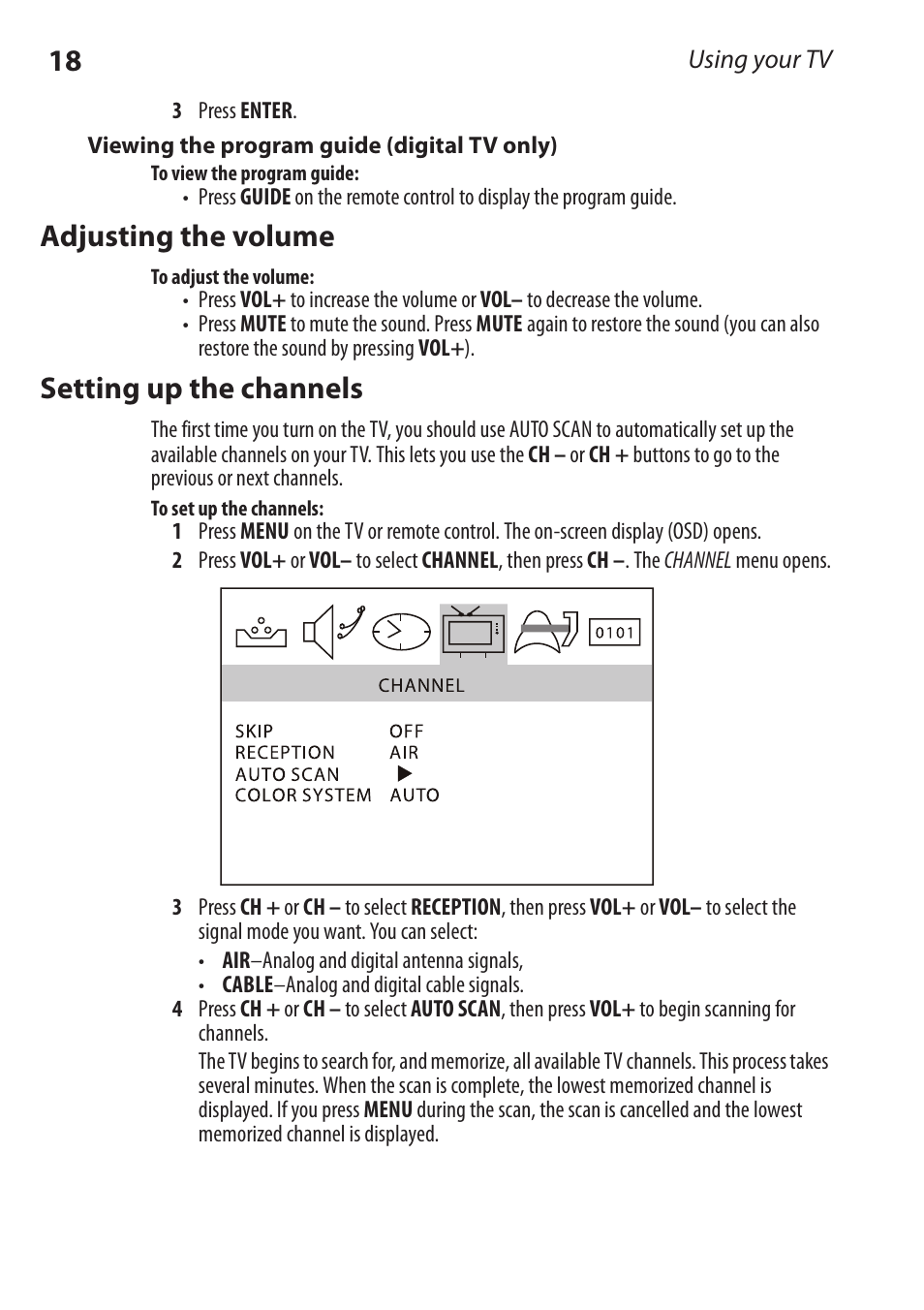 Adjusting the volume, Setting up the channels | Dynex DX-RCRT20-09 User Manual | Page 18 / 44