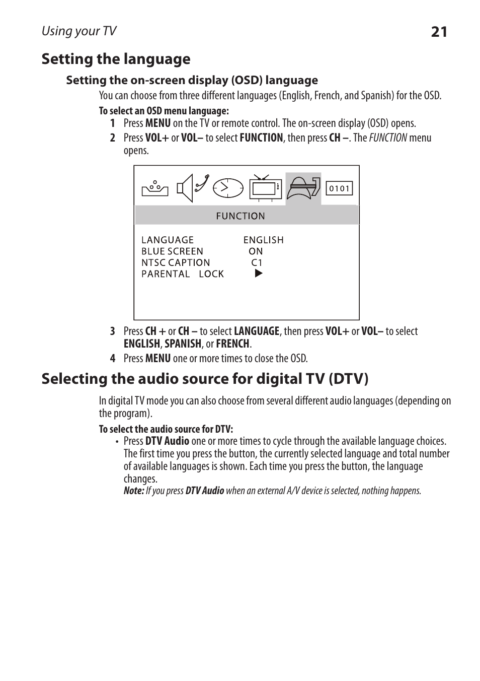 21 setting the language, Selecting the audio source for digital tv (dtv) | Dynex DX-RCRT20-09 User Manual | Page 21 / 44