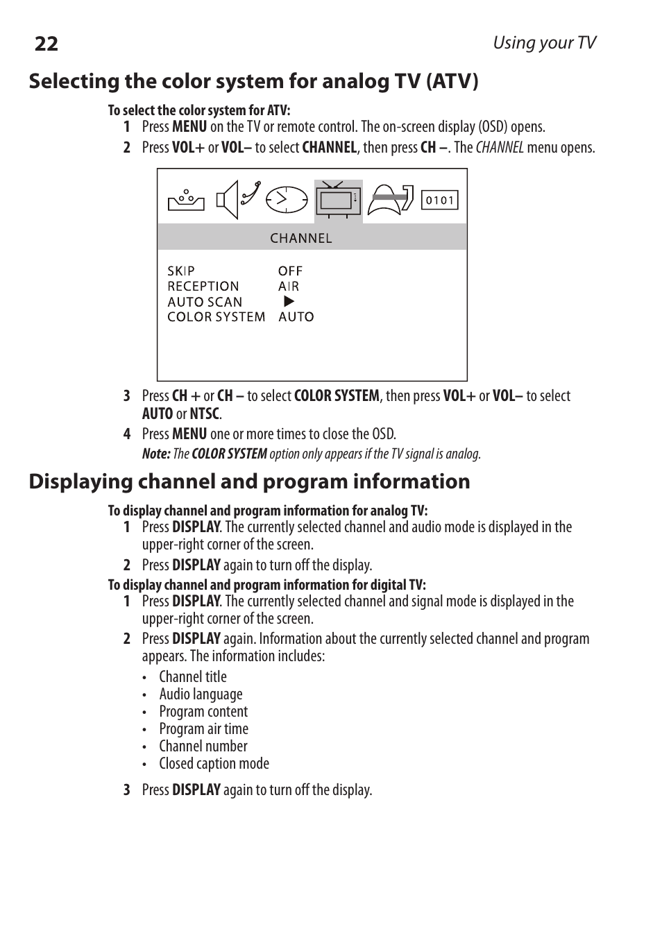 Selecting the color system for analog tv (atv), Displaying channel and program information | Dynex DX-RCRT20-09 User Manual | Page 22 / 44
