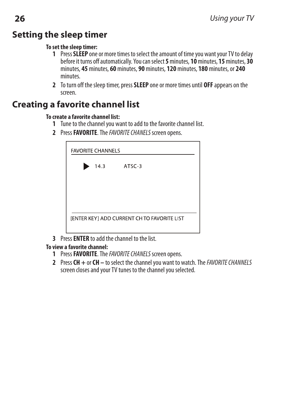 Setting the sleep timer, Creating a favorite channel list | Dynex DX-RCRT20-09 User Manual | Page 26 / 44