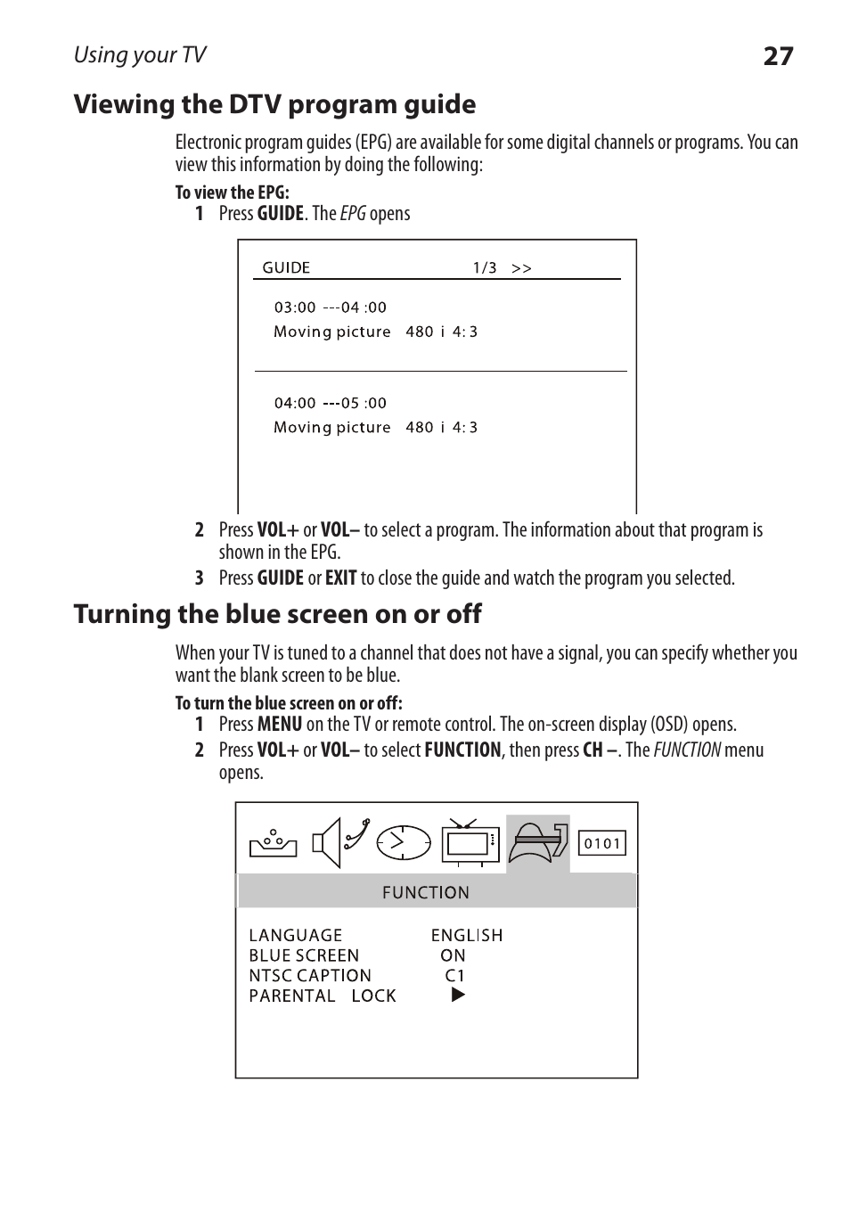 27 viewing the dtv program guide, Turning the blue screen on or off | Dynex DX-RCRT20-09 User Manual | Page 27 / 44