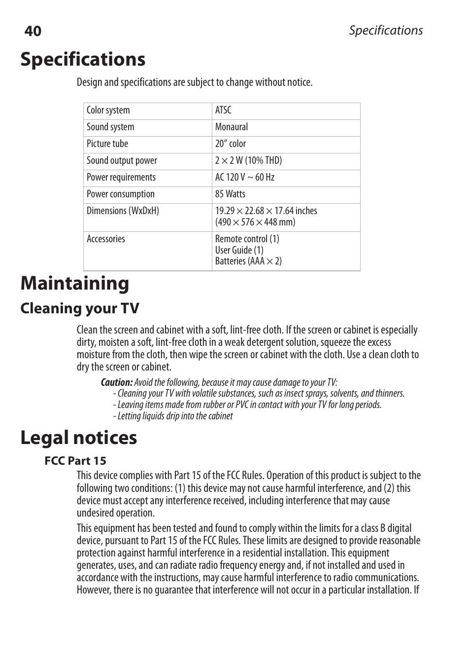 Specifications, Maintaining, Legal notices | Cleaning your tv | Dynex DX-RCRT20-09 User Manual | Page 40 / 44