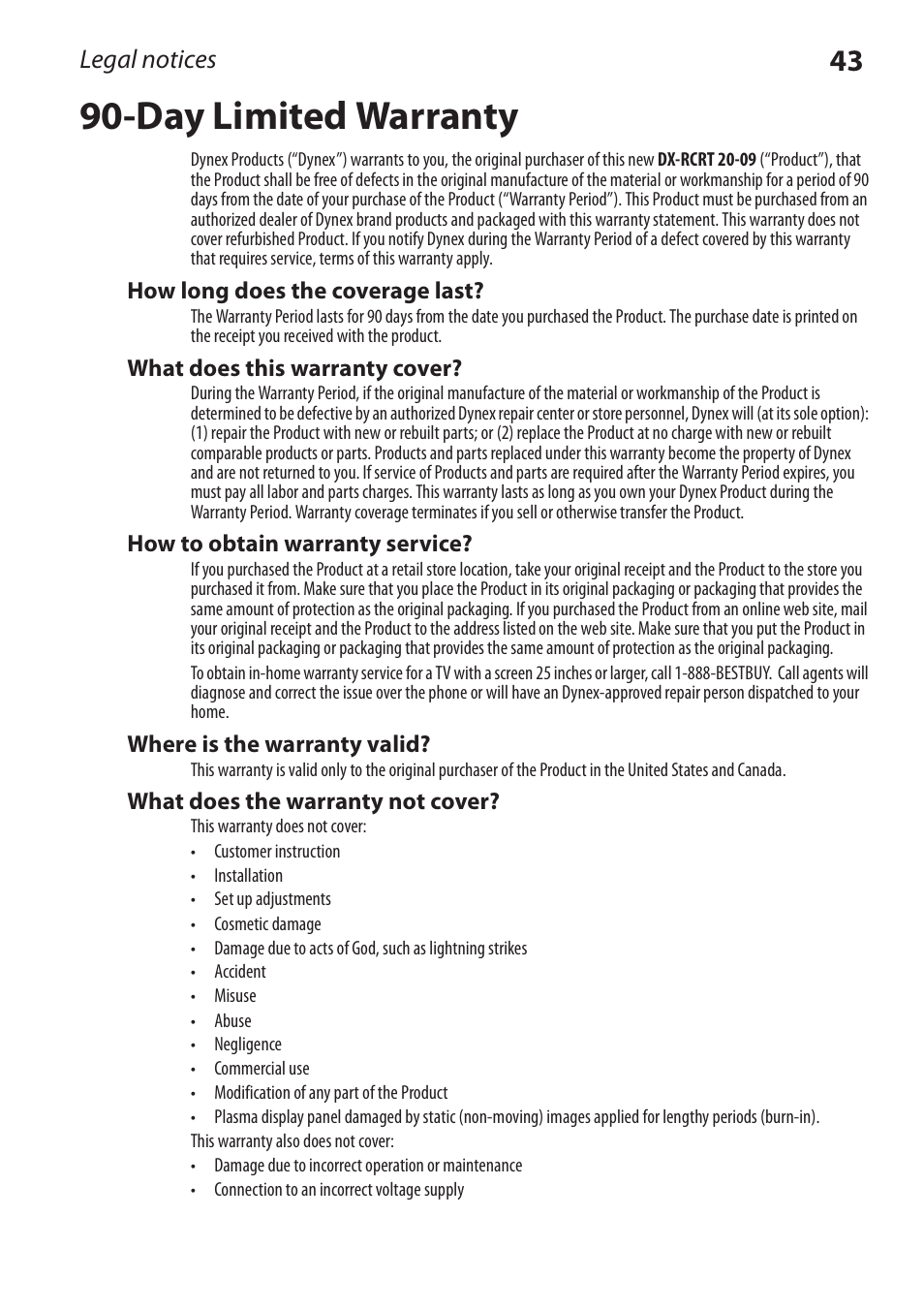 Day limited warranty, Legal notices | Dynex DX-RCRT20-09 User Manual | Page 42 / 44