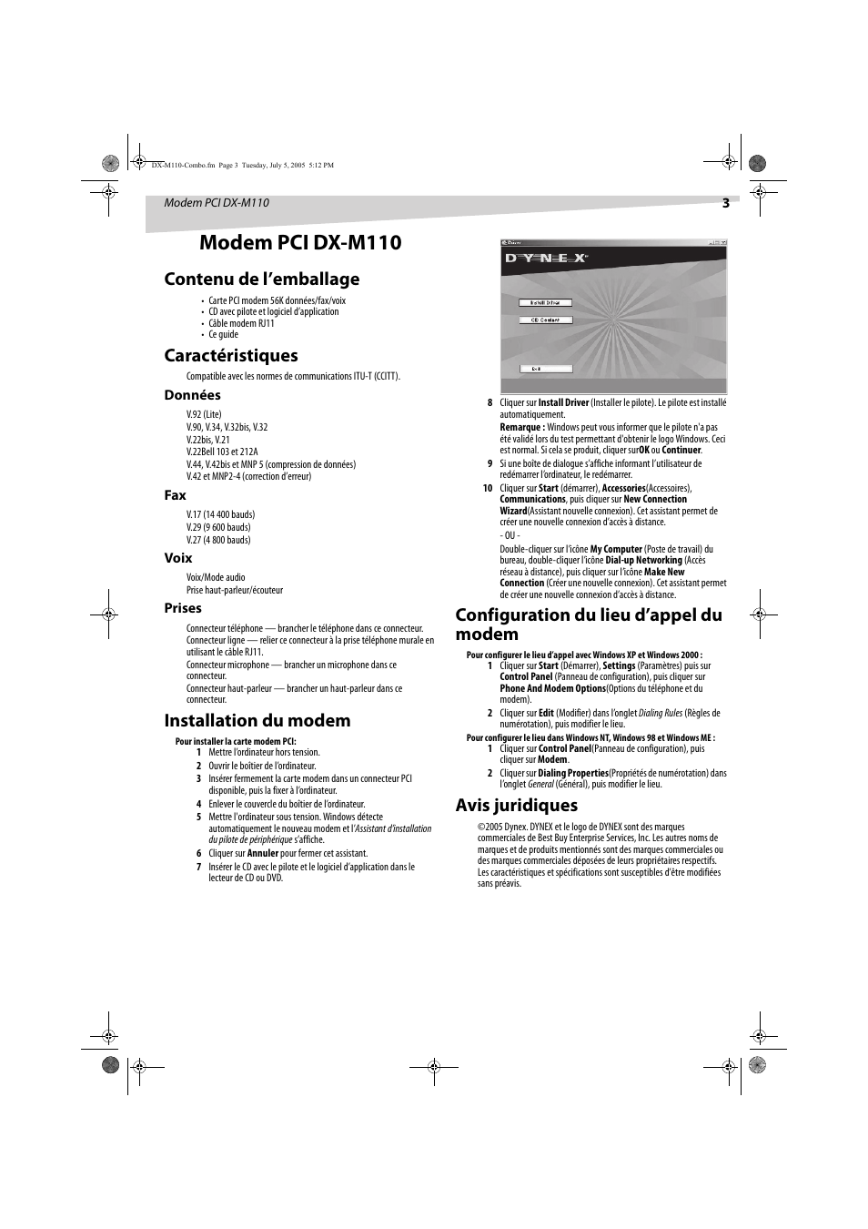 Modem pci dx-m110, Contenu de l’emballage, Caractéristiques | Installation du modem, Configuration du lieu d’appel du modem, Avis juridiques | Dynex DX-M110 User Manual | Page 3 / 8