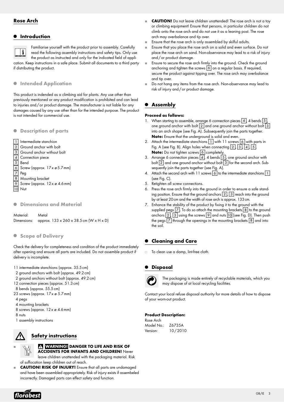 Rose arch, Introduction, Intended application | Description of parts, Dimensions and material, Scope of delivery, Safety instructions, Assembly, Cleaning and care, Disposal | Florabest Z6735A User Manual | Page 3 / 12