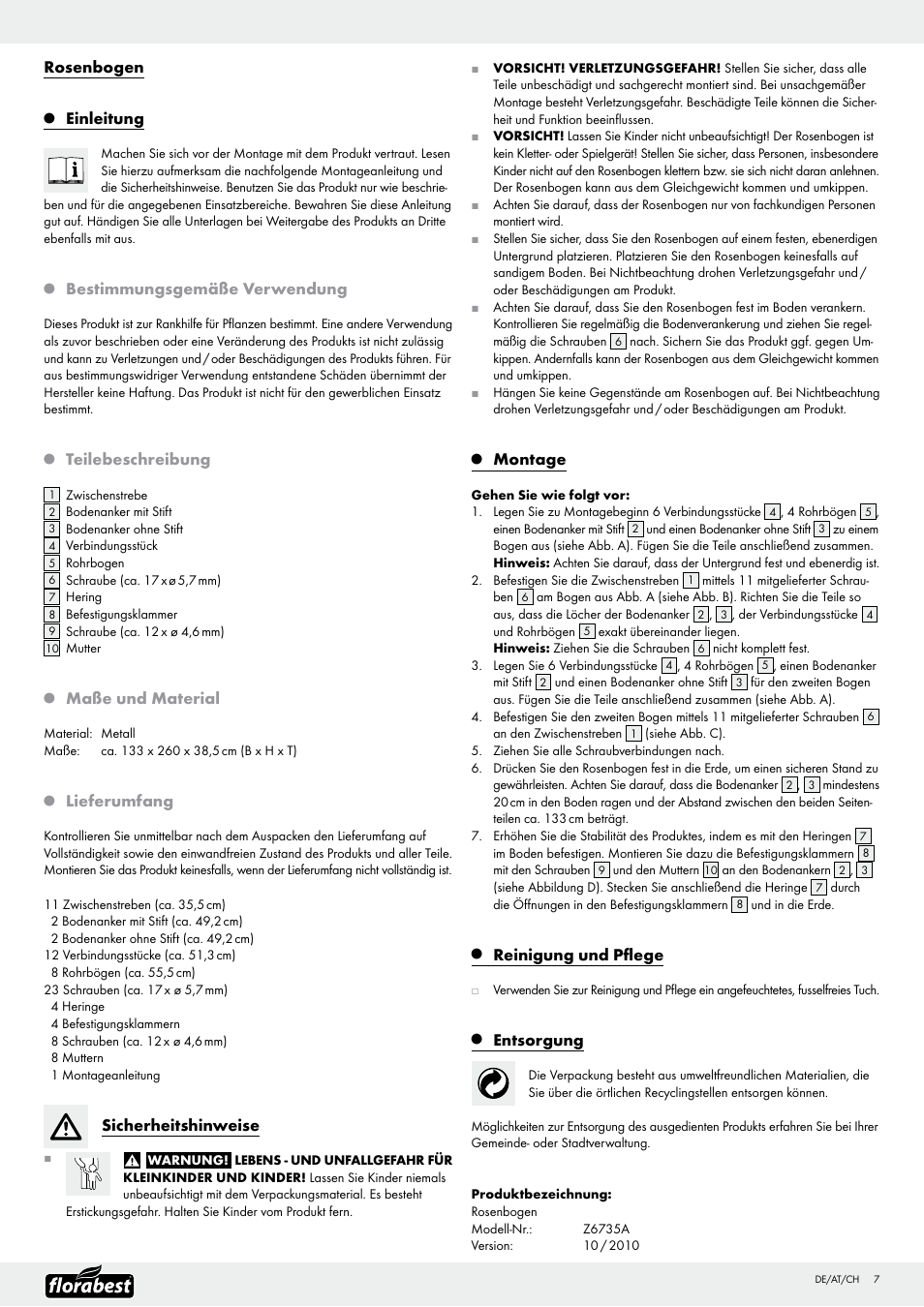 Rosenbogen, Einleitung, Bestimmungsgemäße verwendung | Teilebeschreibung, Maße und material, Lieferumfang, Sicherheitshinweise, Montage, Reinigung und pflege, Entsorgung | Florabest Z6735A User Manual | Page 7 / 12