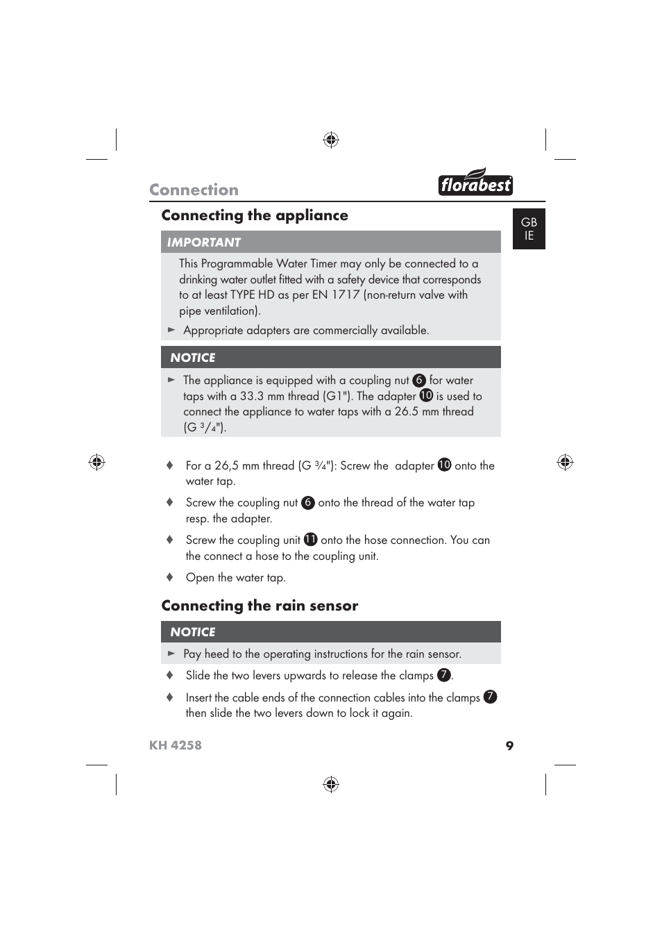 Connection, Connecting the appliance, Connecting the rain sensor | Florabest KH 4258 User Manual | Page 11 / 98