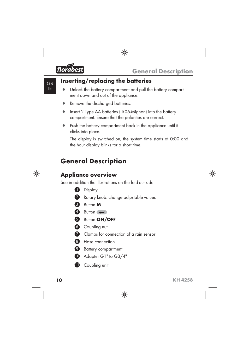 General description, Inserting/replacing the batteries, Appliance overview | Florabest KH 4258 User Manual | Page 12 / 98