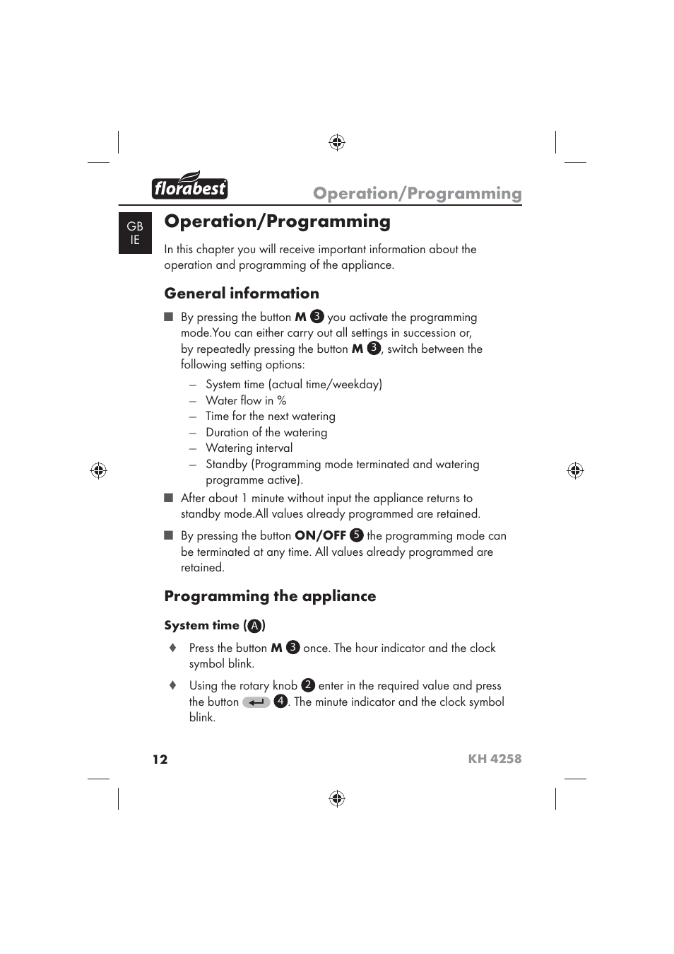 Operation/programming, General information, Programming the appliance | Florabest KH 4258 User Manual | Page 14 / 98