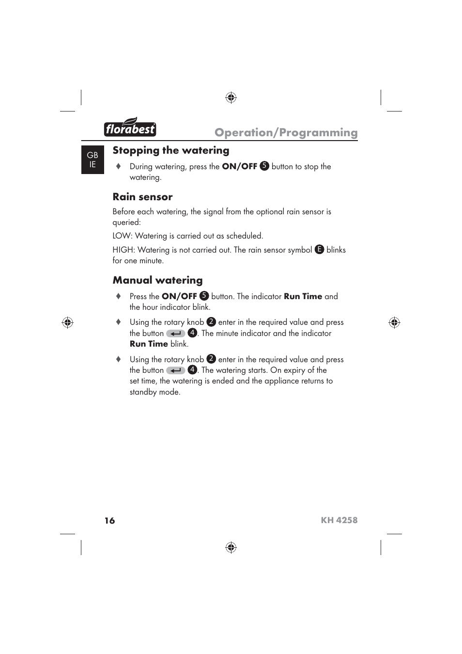Operation/programming, Stopping the watering, Rain sensor | Manual watering | Florabest KH 4258 User Manual | Page 18 / 98