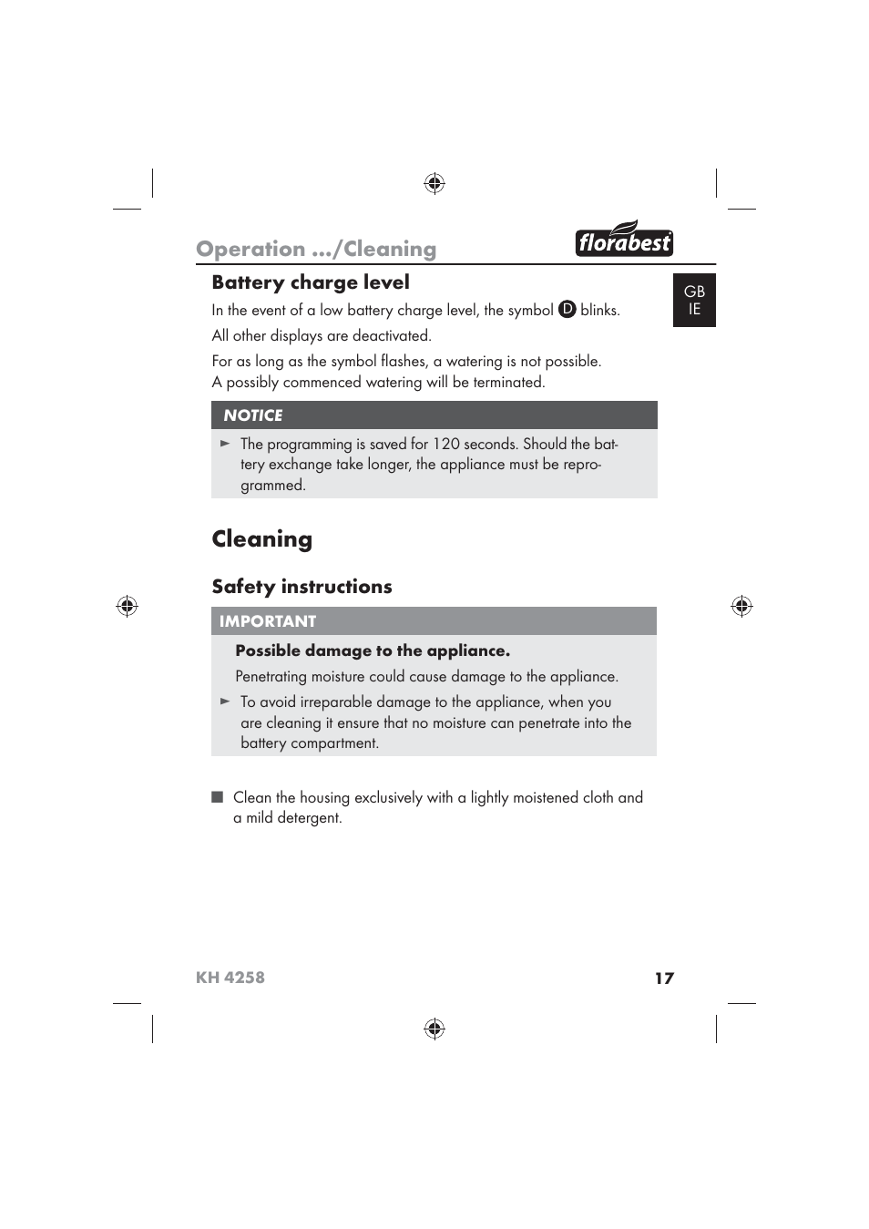 Cleaning, Operation .../cleaning, Battery charge level | Safety instructions | Florabest KH 4258 User Manual | Page 19 / 98