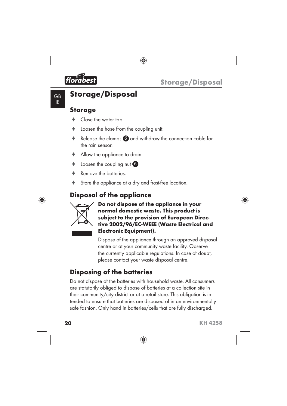 Storage/disposal, Storage, Disposal of the appliance | Disposing of the batteries | Florabest KH 4258 User Manual | Page 22 / 98