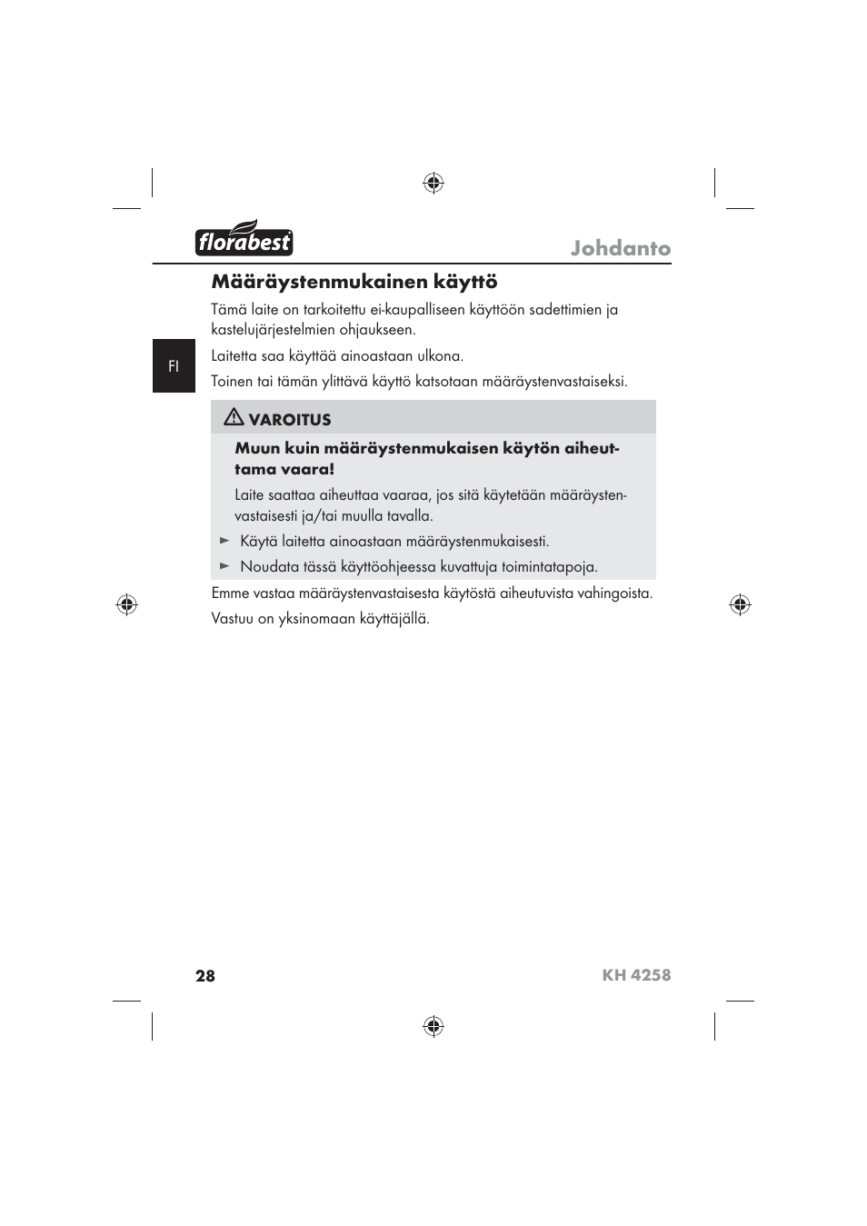 Johdanto, Määräystenmukainen käyttö | Florabest KH 4258 User Manual | Page 30 / 98
