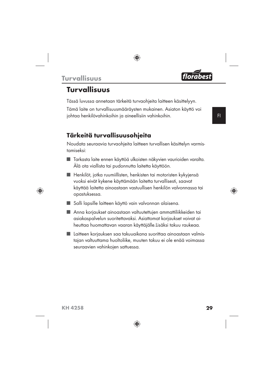 Turvallisuus, Tärkeitä turvallisuusohjeita | Florabest KH 4258 User Manual | Page 31 / 98