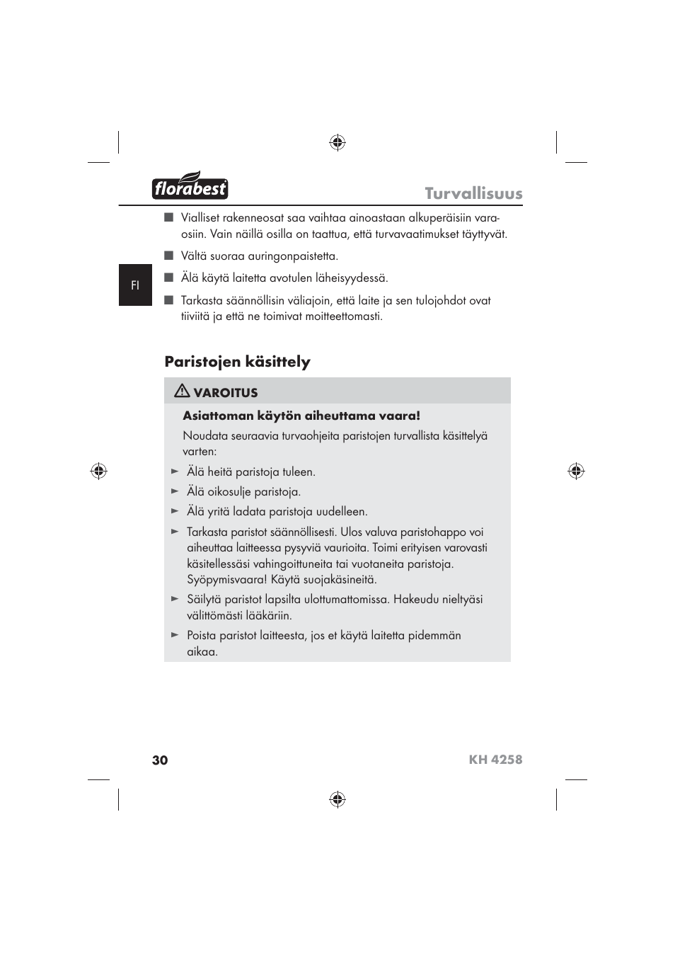 Turvallisuus, Paristojen käsittely | Florabest KH 4258 User Manual | Page 32 / 98